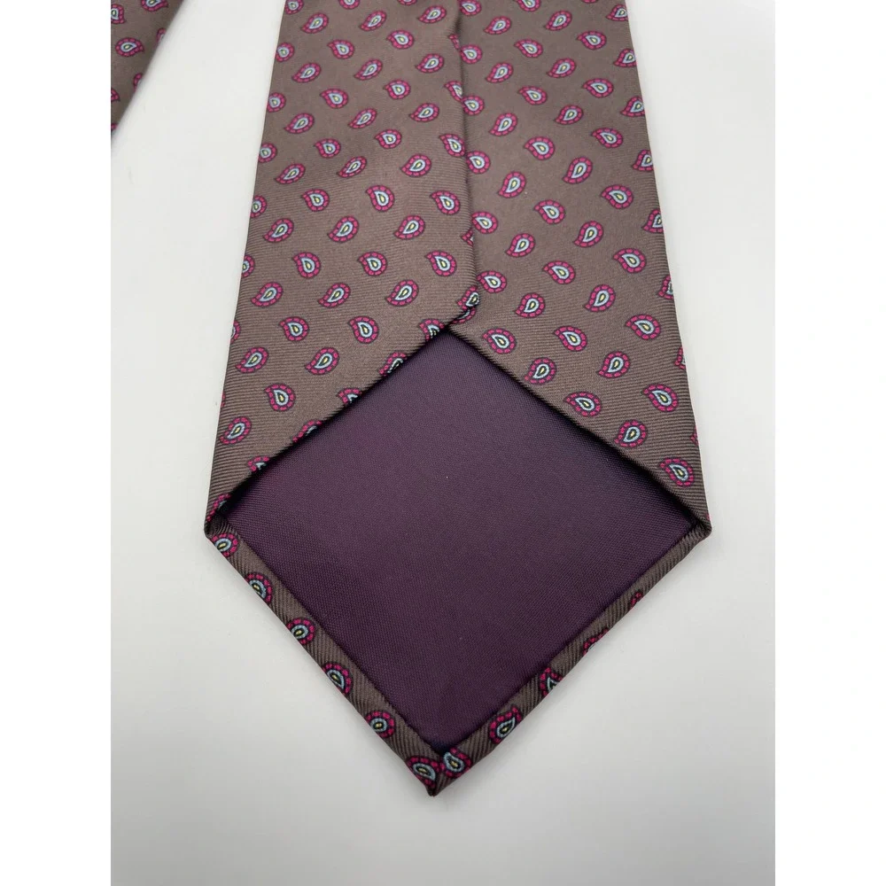 Steven Windsor Mens Silk Tie Taupe Brown Pink Teal Micro Paisley Pattern USA